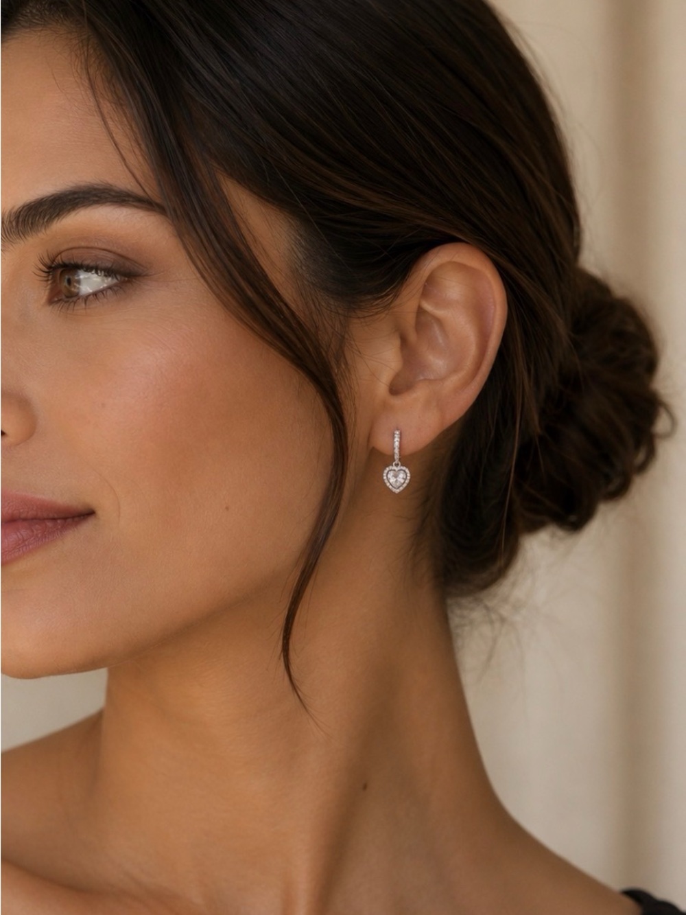 Silver CZ Heart Halo Drop Huggie Earrings | Dangle